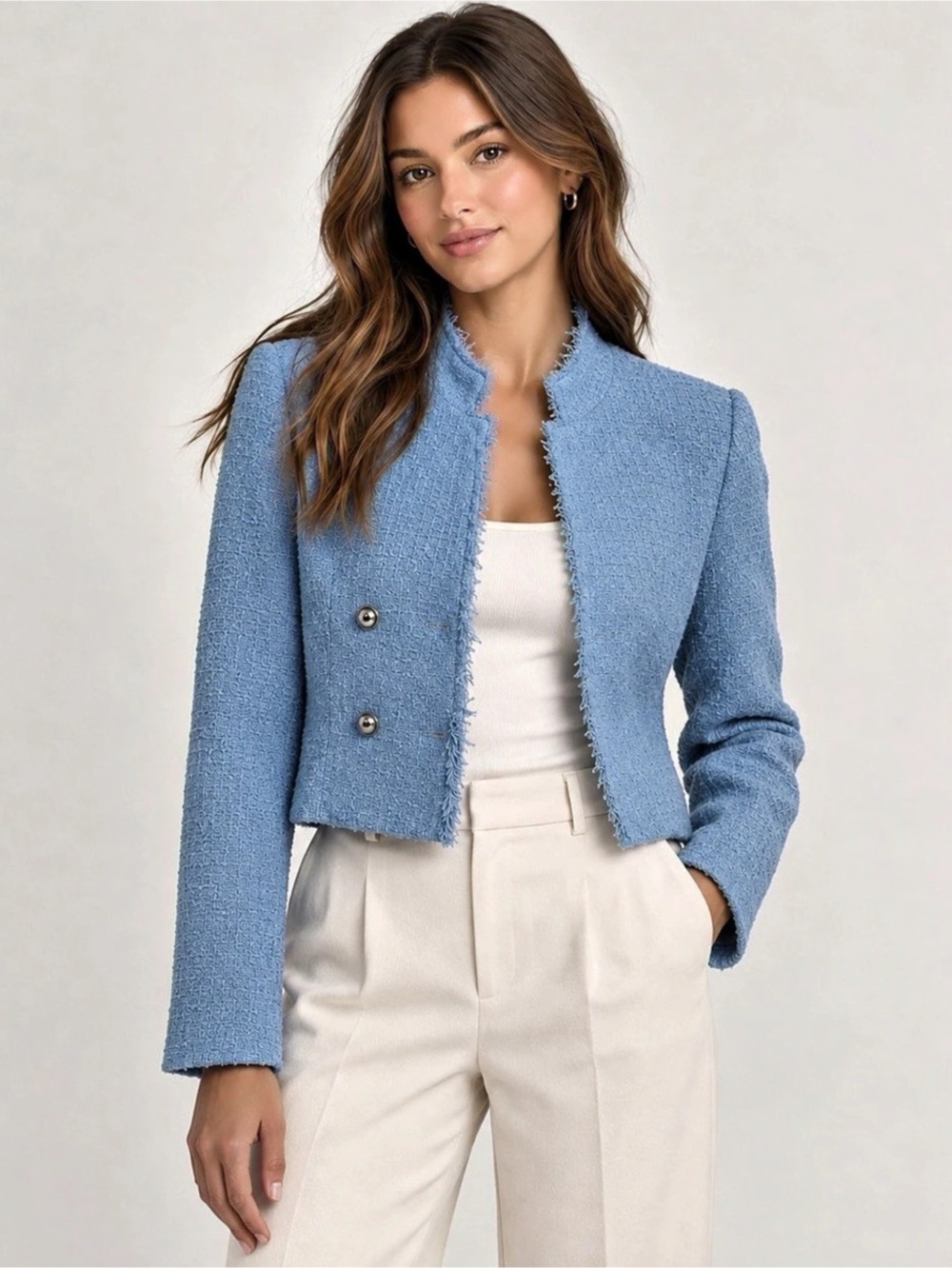 ZARA Women’s Light Blue Tweed Cropped Jacket – Size XS